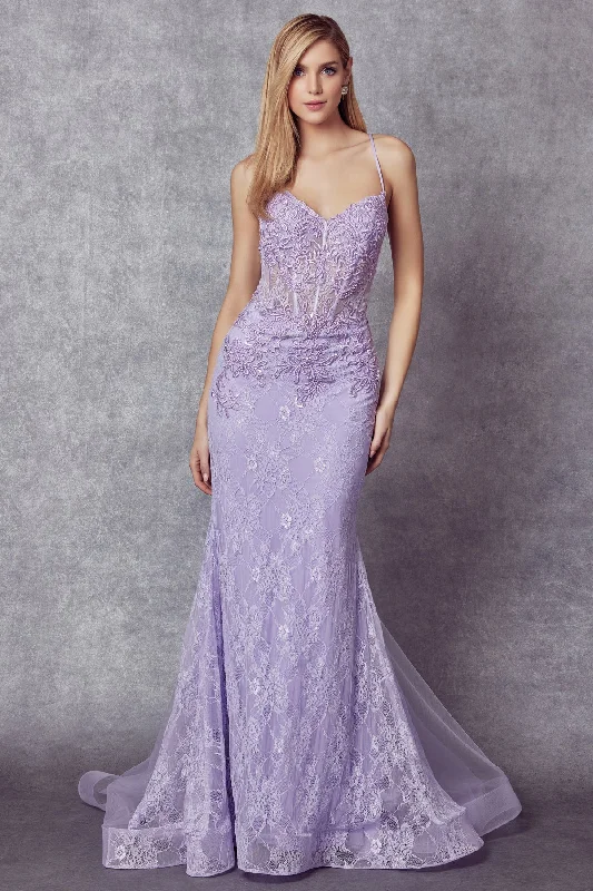 formal dresses with tiered skirts for volume and movement --Illusion Lace Corset Mermaid Dress by Juliet 250