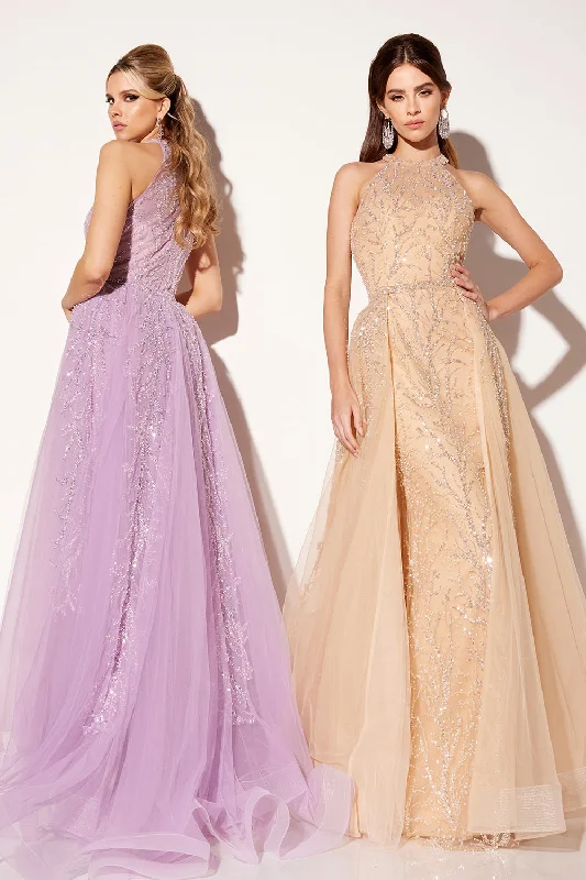 affordable cocktail dresses under $100 for casual events --Beaded Halter Overskirt Gown by Lucci Lu C8034
