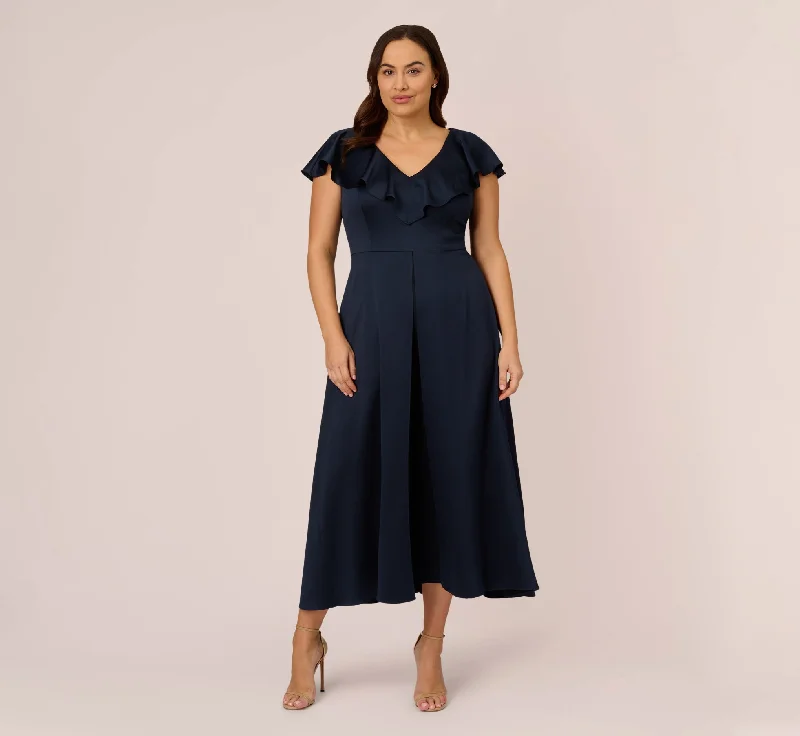 Stylish spring dresses with asymmetric details -Plus Size Satin Crepe Ruffled Cropped Jumpsuit In Dark Navy