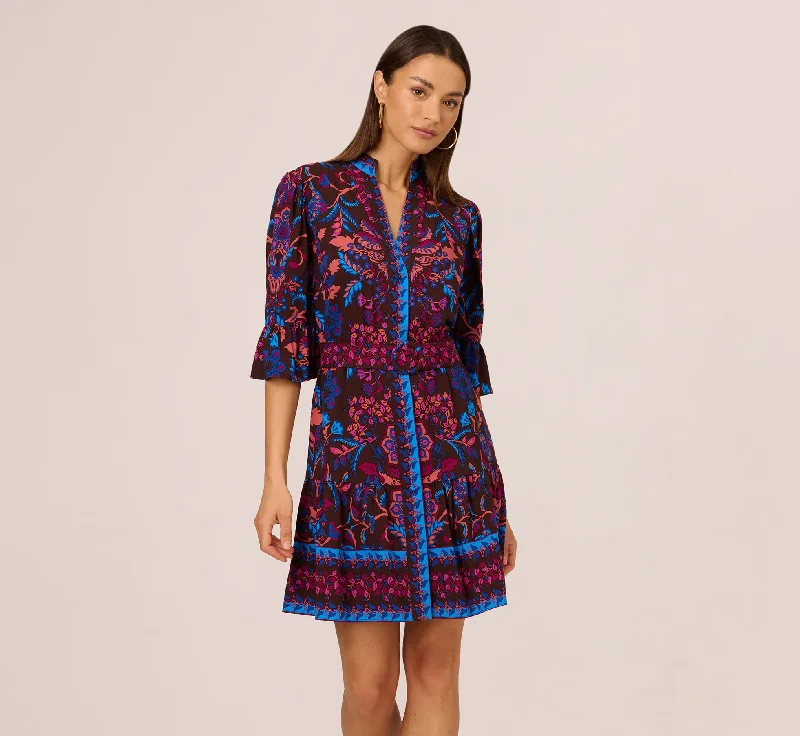 Spring dresses with an A-line cut for a flattering fit -Abstract Print Button Down Dress With Three Quarter Bell Sleeves In Brown Multi
