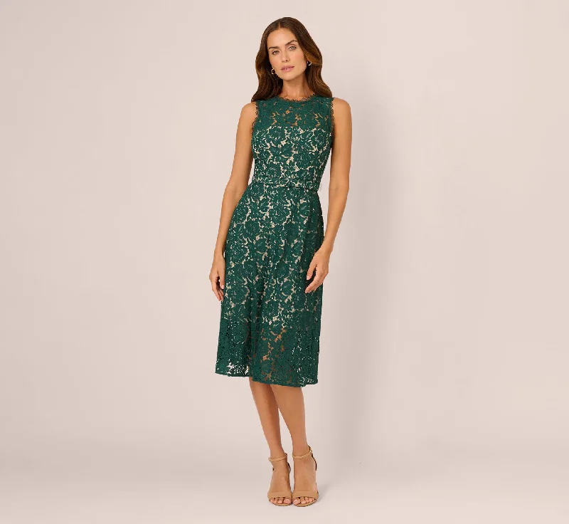 Spring dresses with ruffles for a playful touch -Sleeveless Lace Fit And Flare Dress With Sheer Details In Hunter