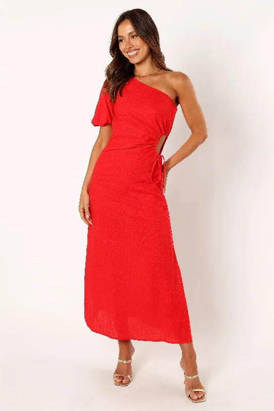 Simple spring dresses for a minimalist style -Kimmie One Shoulder Cut Out Midi Dress - Red