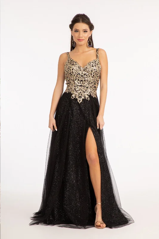 formal dresses with built-in shapewear for smooth figure --Sequin Bodice A-line Slit Gown by Elizabeth K GL3020
