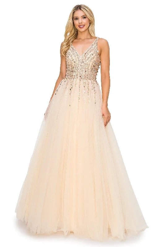 formal dresses for weddings with lace detailing --Beaded Long V-Neck Tulle Dress by Cinderella Couture 8034J
