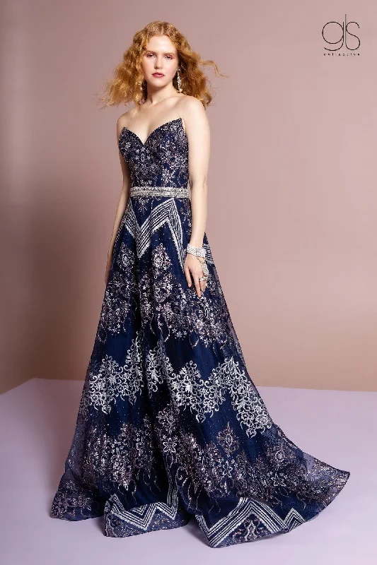 cocktail dresses with layered tulle skirts for volume --Strapless A-line Glitter Print Gown by GLS Gloria GL2649