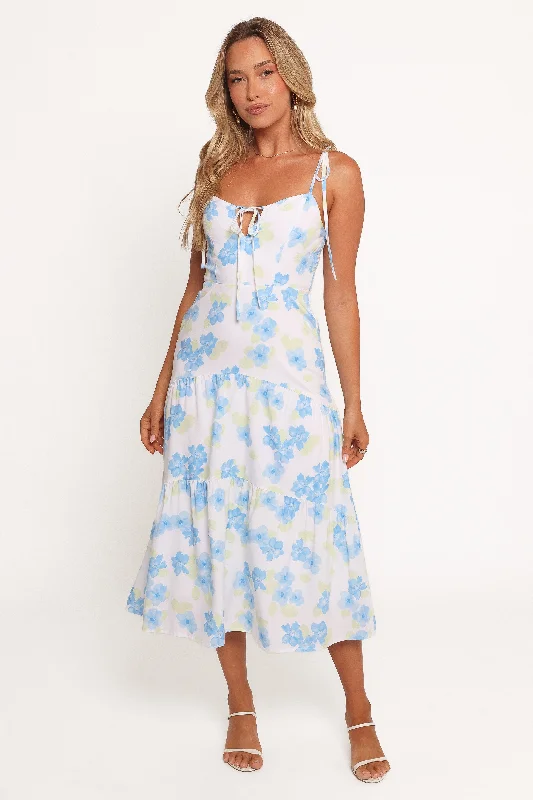 Spring dresses with floral lace accents for a vintage look -Kieran Midi Dress - Blue Floral