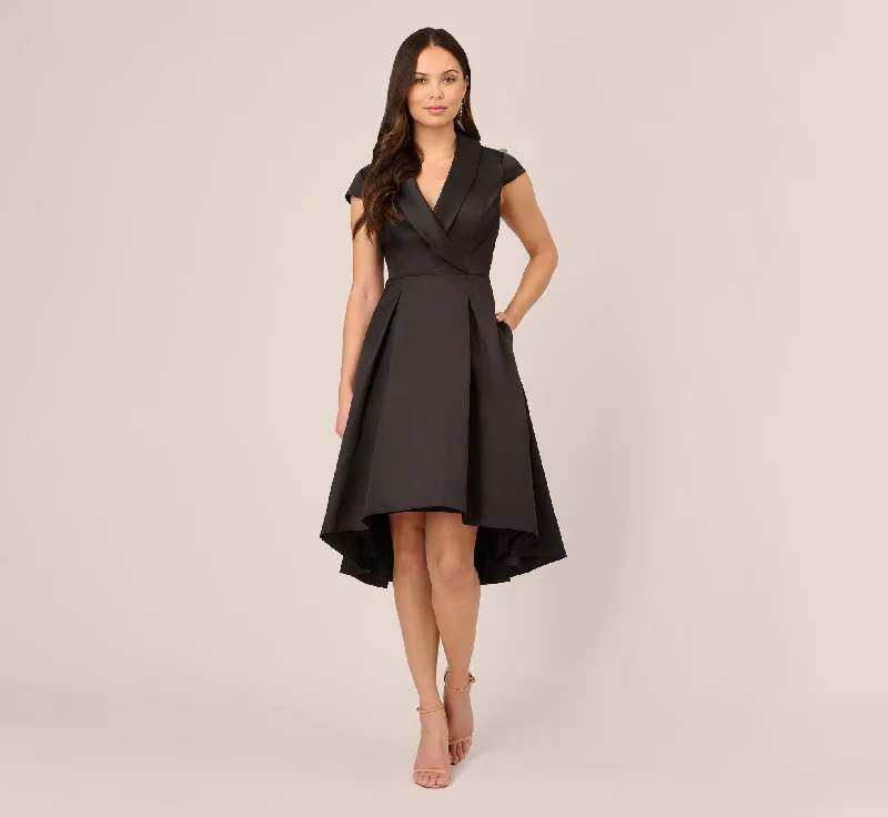 Affordable spring dresses with vintage-inspired prints -Cap Sleeve Mikado Midi Dress With High Low Skirt In Black