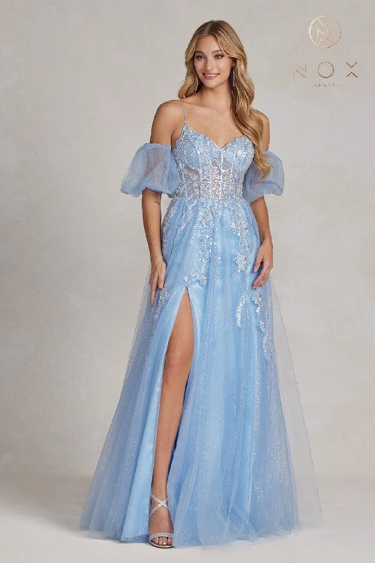 cocktail dresses with sequin skirts for party nights --Applique Sleeveless Puff Sleeve Gown by Nox Anabel E1173