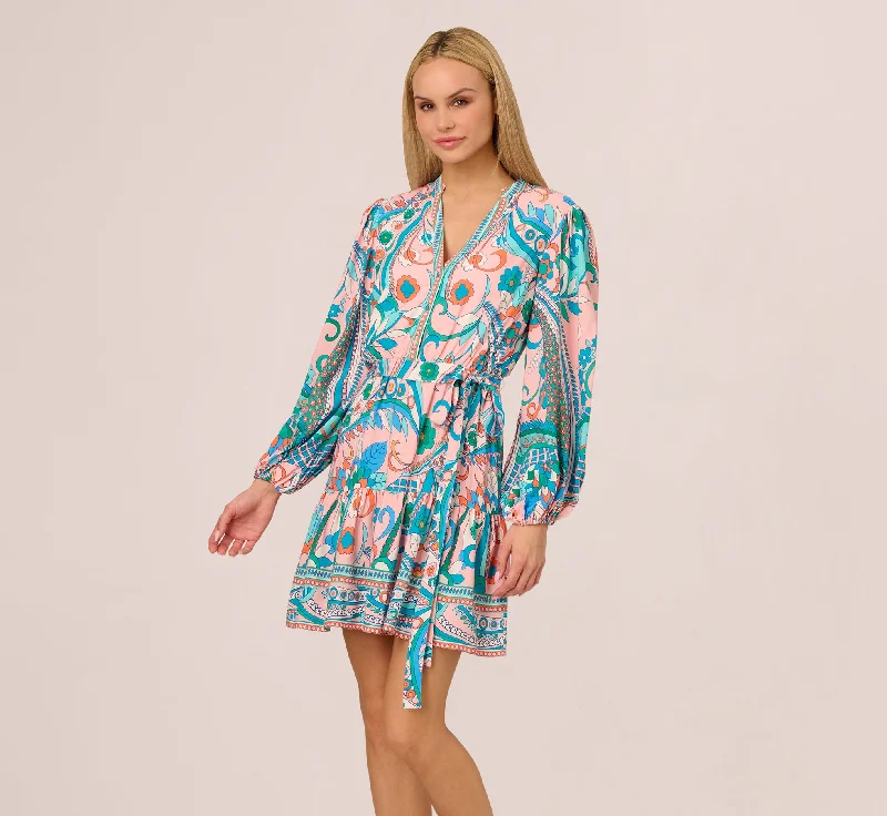Wedding guest dresses in shades of blush for soft elegance -Long Sleeve Retro Printed A Line Dress In Peach Multi