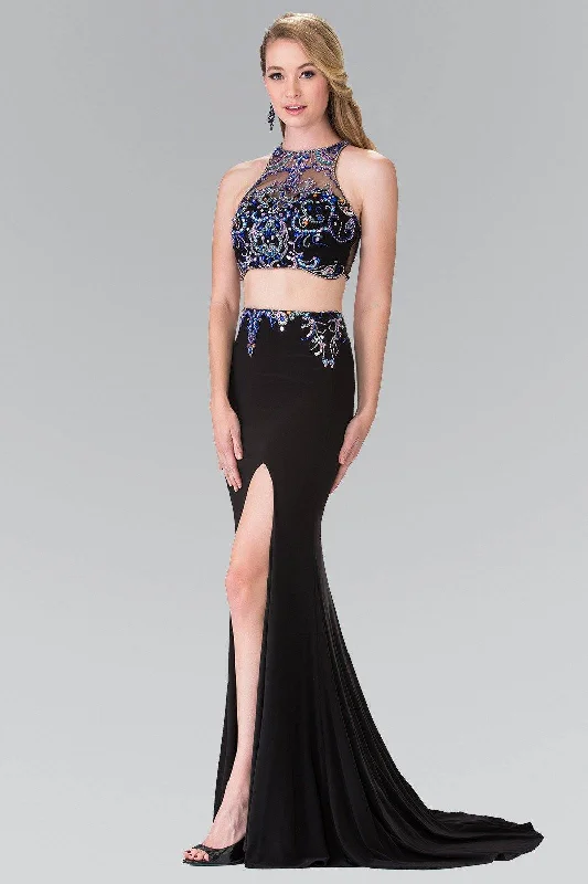 formal dresses for office parties with knee-length cuts --Beaded Two-Piece Illusion Dress with Slit by Elizabeth K GL2277