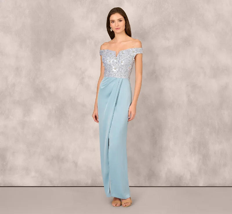 formal dresses with adjustable straps for custom fit --Off Shoulder Beaded Satin Combo Long Dress In Clear Water