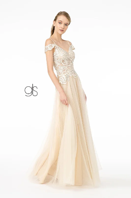 formal dresses with smart textile technology and LED accents --Embroidered Long Sheer Cold Shoulder Dress by Elizabeth K GL2953