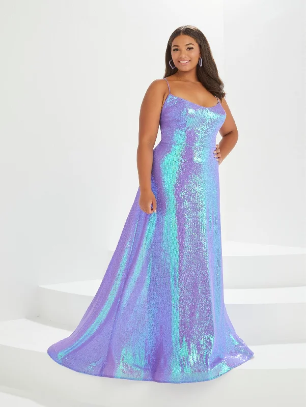 Wedding guest dresses in metallic shades for a chic look -Plus Size Iridescent Sequin Gown by Tiffany Designs 16043