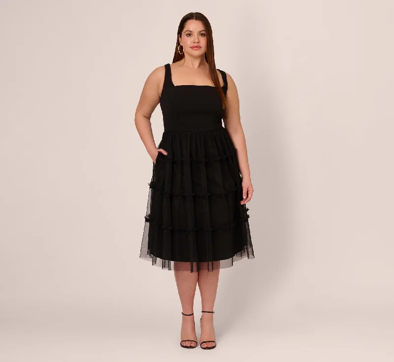 Wedding guest dresses with halter necks for a flattering style -Plus Size Sleeveless Midi Dress With Square Neck And Tiered Skirt In Black