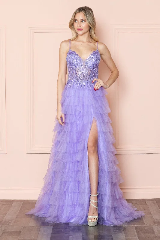 formal dresses with floral prints for garden weddings --Beaded Sleeveless Tiered Ruffled Slit Gown by Poly USA 9408