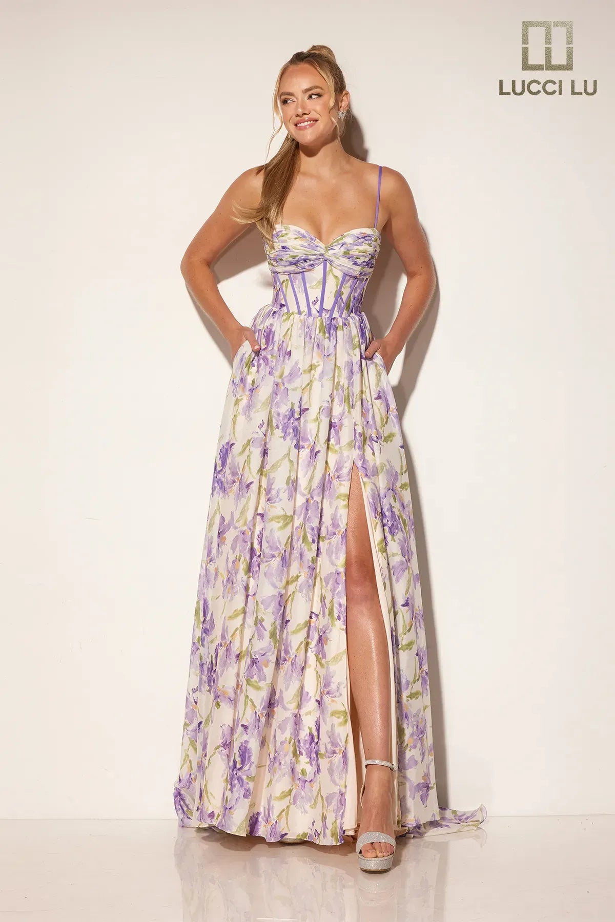 cocktail dresses with open backs for summer events --Print Sleeveless A-line Slit Gown by Lucci Lu 1402