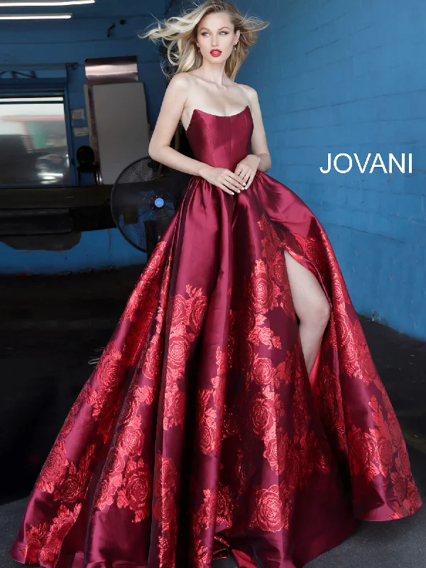 cocktail dresses with satin fabric for smooth texture --Satin Strapless A-line Slit Gown by Jovani 02038