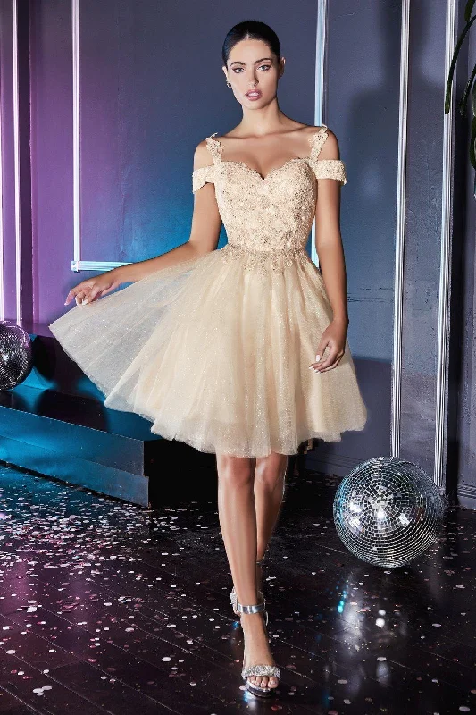 Graduation dresses with lace details for a feminine touch -Short Cold Shoulder Glitter Dress by Cinderella Divine CD0132