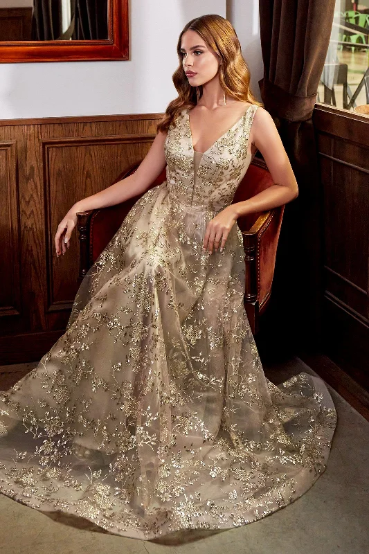 Wedding guest dresses with vintage flair for a throwback vibe -Glitter Print Ball Gown by Cinderella Divine CB068
