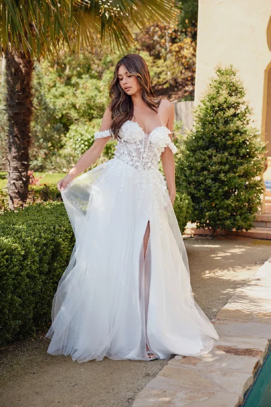 Elegant wedding guest dresses for evening receptions -3D Floral Off Shoulder Bridal Gown by Juliet JT2483KW