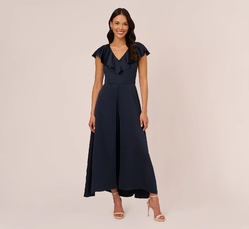 Spring dresses for outdoor festivals with easy wearability -Satin Crepe Ruffled Cropped Jumpsuit In Dark Navy