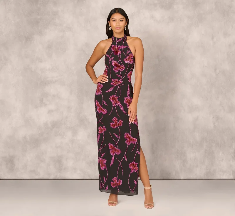 formal dresses with high necklines for modest fashion lovers --Beaded Floral Halter Column Gown With Mock Neck In Black Multi