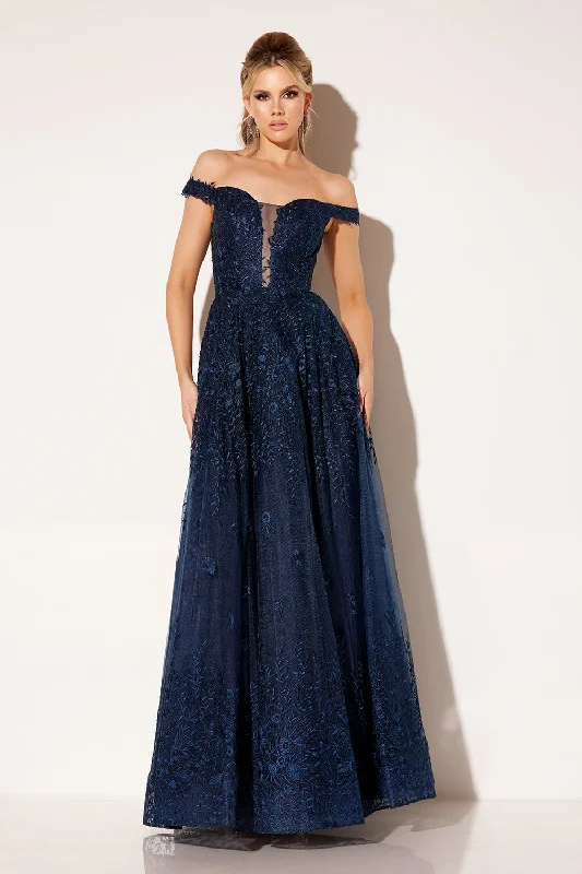 cocktail dresses with floral patterns for spring events --Embroidered Off Shoulder Gown by Lucci Lu C8090