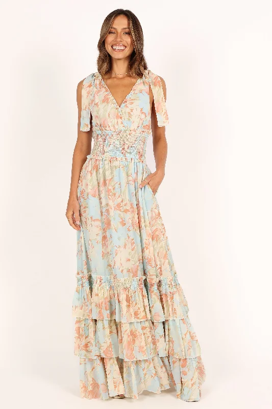 formal dresses for women with disabilities featuring magnetic closures --Christabel Tiered Maxi Dress - Blue Floral