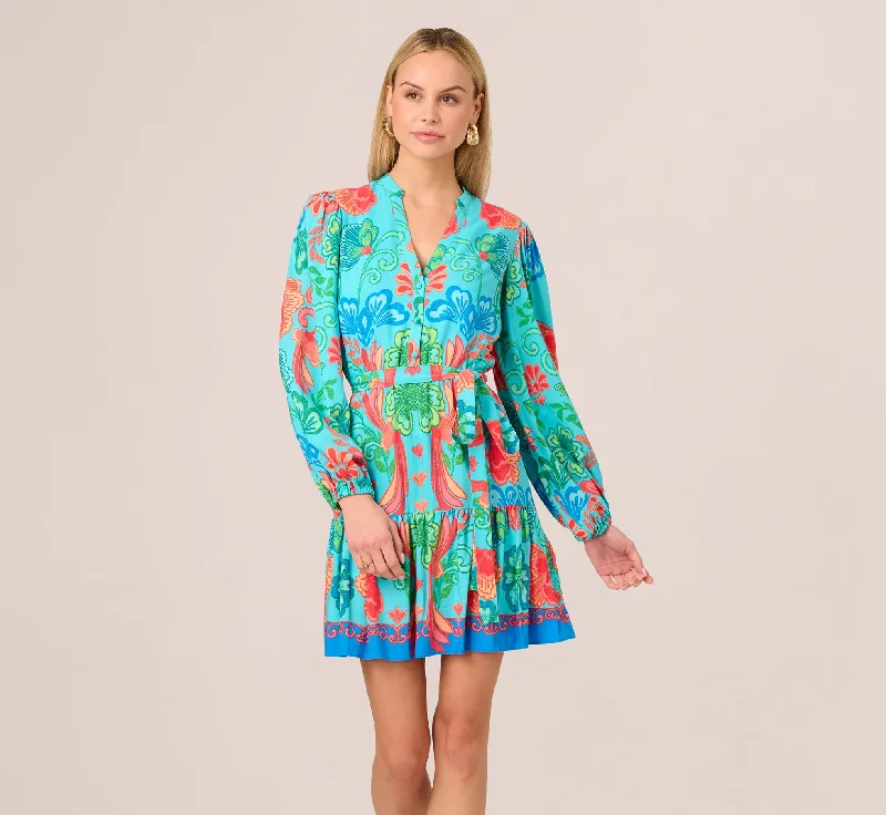 Wedding guest dresses that transition from day to night effortlessly -Long Sleeve Printed Flounce Dress In Blue Multi