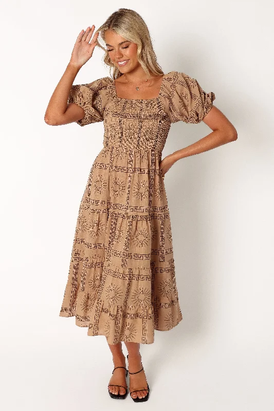 Spring dresses with pleats for a textured look -Soliel Puff Sleeve Midi Dress - Tan Black