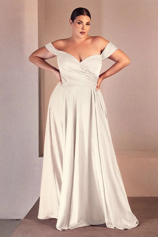 cocktail dresses with metallic fabrics for festive occasions --White Curve Off Shoulder A-line Satin Gown by Ladivine 7493WC