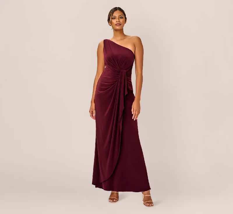 formal dresses for young adults with trendy cuts --One Shoulder Dress With Draped Waist Detail In Red Wine