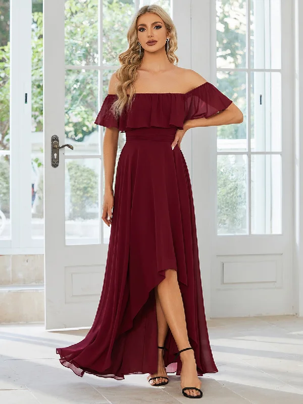 formal dresses with lace necklines for feminine touch --Off Shoulder Chiffon Split Wholesale Bridesmaid Dresses