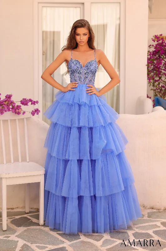 formal dresses for bridesmaids in matching pastel colors --Beaded Sleeveless A-line Tiered Gown by Amarra 88345