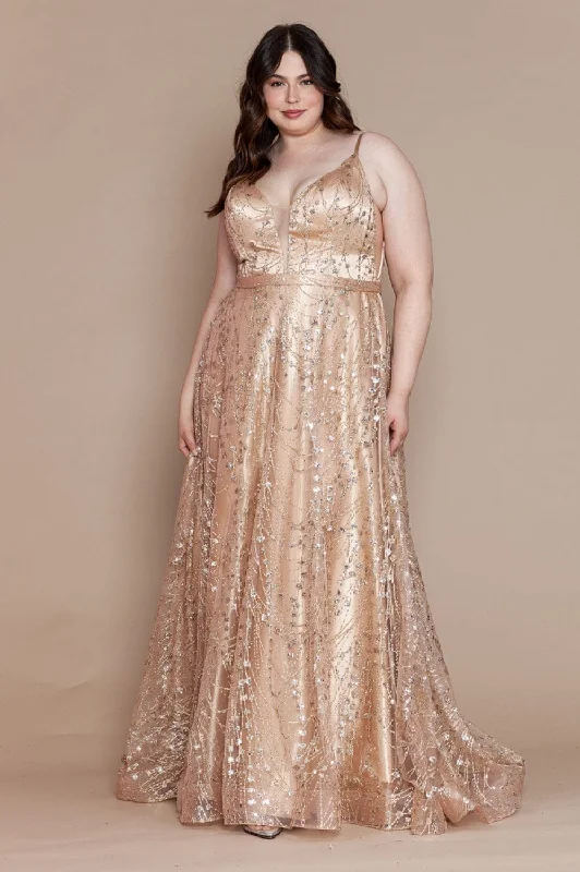 Sophisticated black wedding guest dresses -Plus Size Long Glitter Mesh Dress by Poly USA W1004