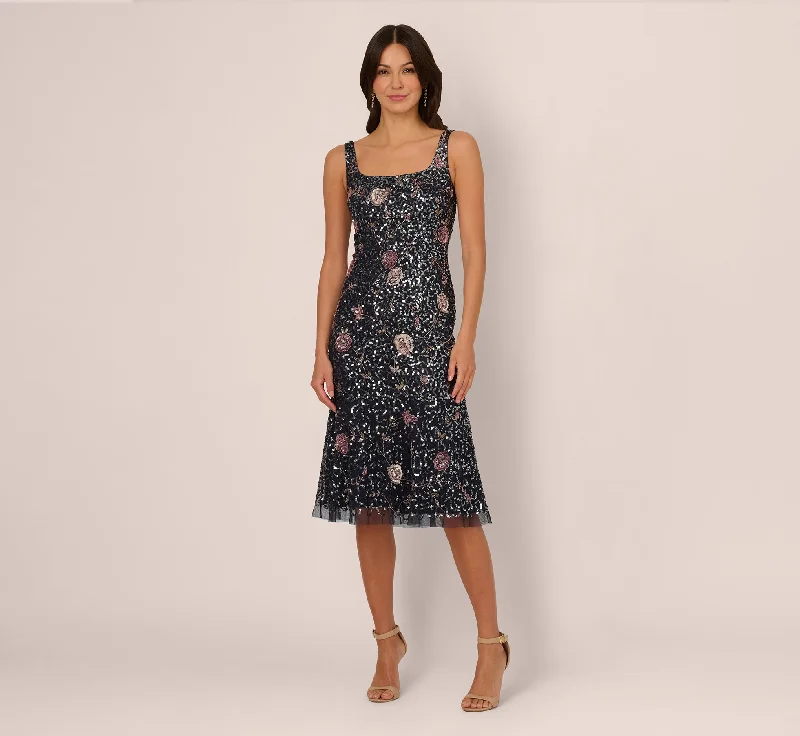 Gorgeous chiffon dresses for wedding guest outfits -Sleeveless Sequin Floral Beaded Midi Dress In Navy Pink Multi