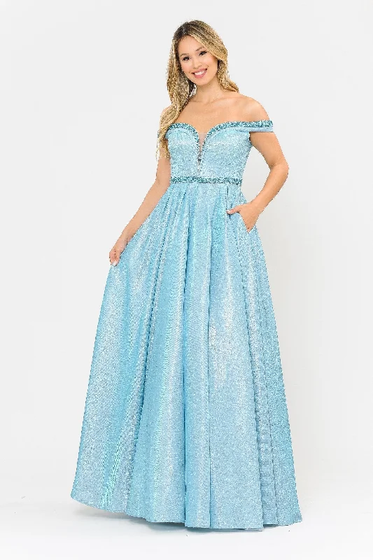 formal dresses with built-in cooling technology for hot climates --Long Metallic Glitter Off Shoulder Dress by Poly USA 8664