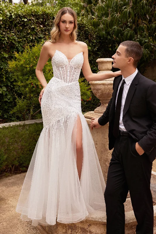 Wedding guest dresses with sleek silhouettes for a minimalist look -Fitted Strapless Slit Bridal Gown by Ladivine CD0215W