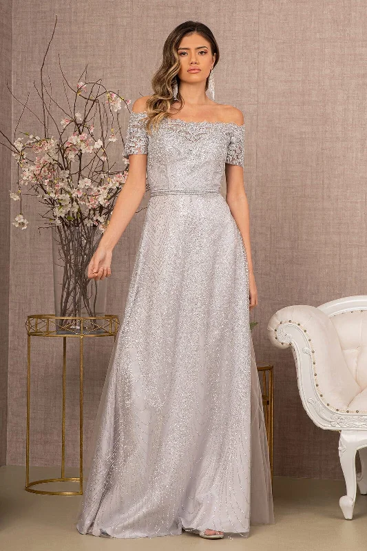 Wedding guest dresses with fitted bodices for a flattering fit -Embroidered Off Shoulder Glitter Gown by Elizabeth K GL2942