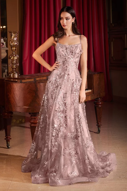formal dresses with side slits for ease of movement --3D Floral Sequin Print Sleeveless Gown by Ladivine CB144