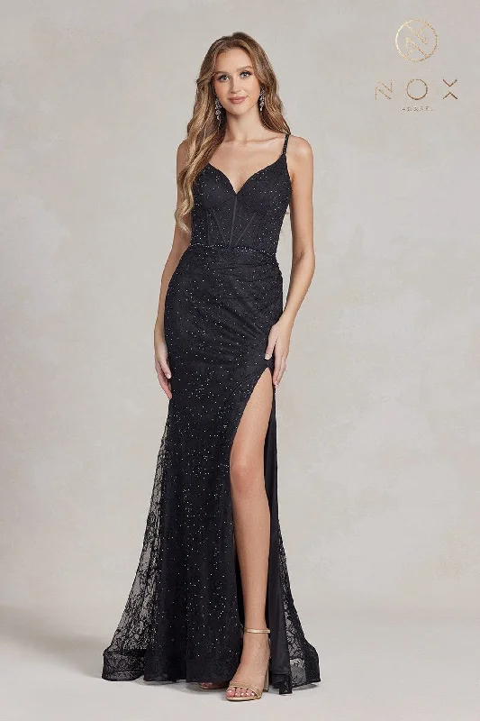 Wedding guest dresses with an elegant, timeless appeal -Fitted Beaded Floral Lace Gown by Nox Anabel B1145
