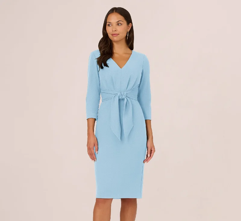 Elegant spring dresses with flowing skirts for added volume -Three Quarter Sleeve Pleated Midi Dress With Tie Waist In Blue Mist