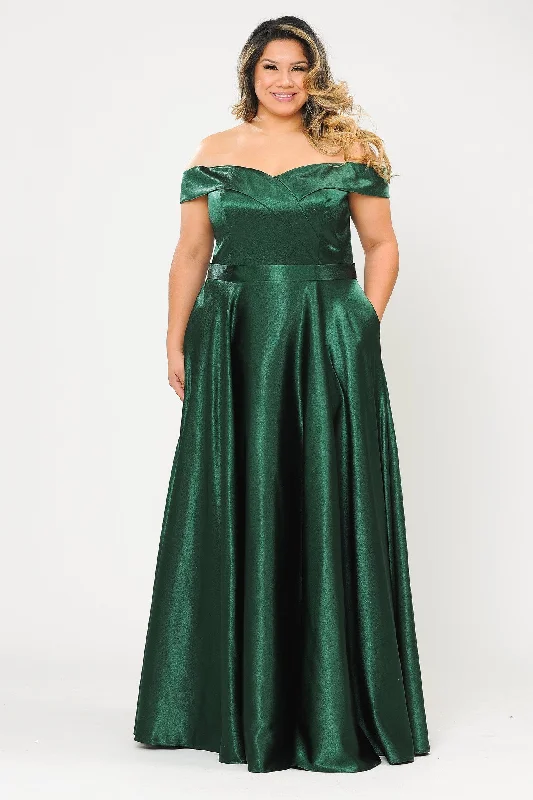 Wedding guest dresses with delicate pleats for added texture -Plus Size Long Off Shoulder Satin Dress by Poly USA W1058