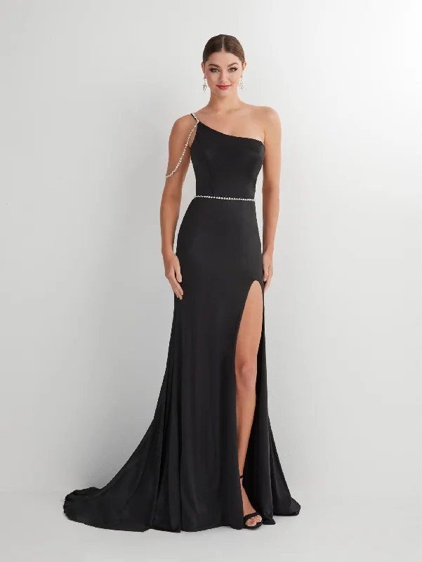 Budget-friendly but chic wedding guest dresses -Beaded Jersey One Shoulder Slit Gown by Studio 17 12887
