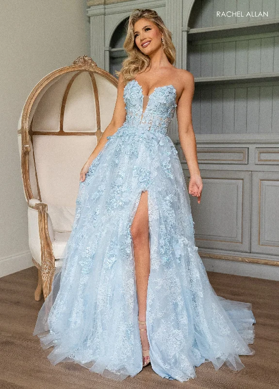 cocktail dresses with mesh sleeves for subtle coverage --3D Floral Strapless A-line Slit Gown by Rachel Allan 70724