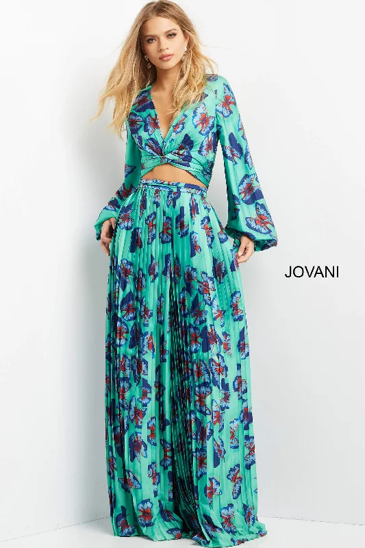 formal dresses for bridesmaids in matching pastel colors --Print Long Sleeve Two Piece Set by Jovani 07202