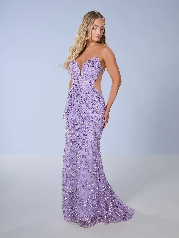 formal dresses for holiday balls with metallic accents --Beaded Fitted Strapless Gown by Tiffany Designs 16150