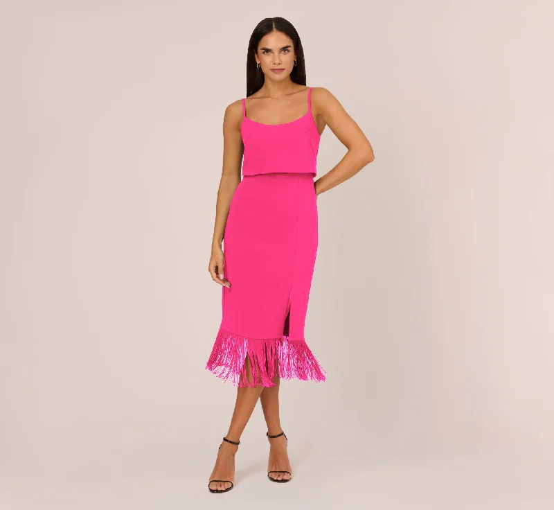 Elegant wedding guest dresses for evening receptions -Crepe Popover Midi Dress With Fringe Trim In Lipstick