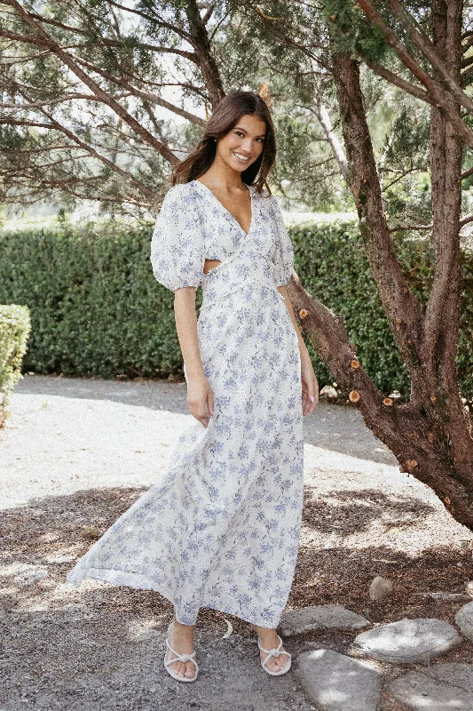 Affordable spring dresses for casual everyday wear -Jemima Puff Shoulder Maxi Dress - Blue Floral Affordable spring dresses for casual everyday wear -Jemima Puff Shoulder Maxi Dress - Blue Floral