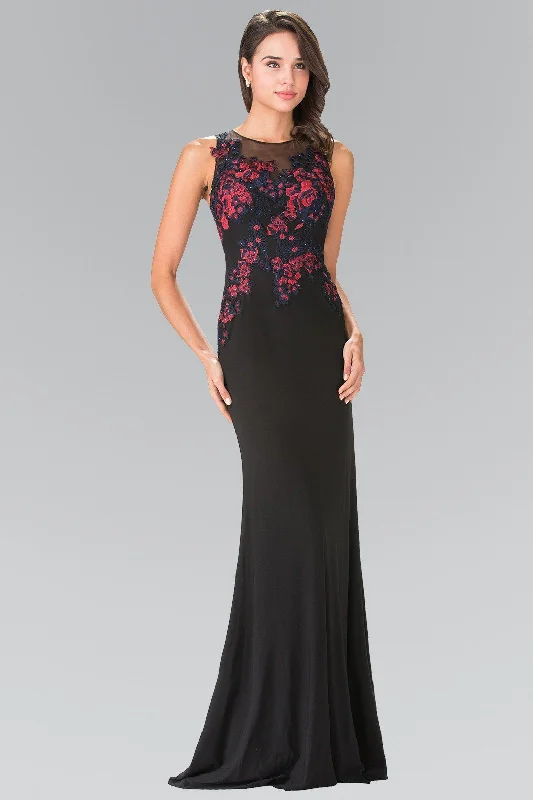 formal dresses for tall women with high slits --Long Illusion Dress with Floral Embroidery by Elizabeth K GL2238